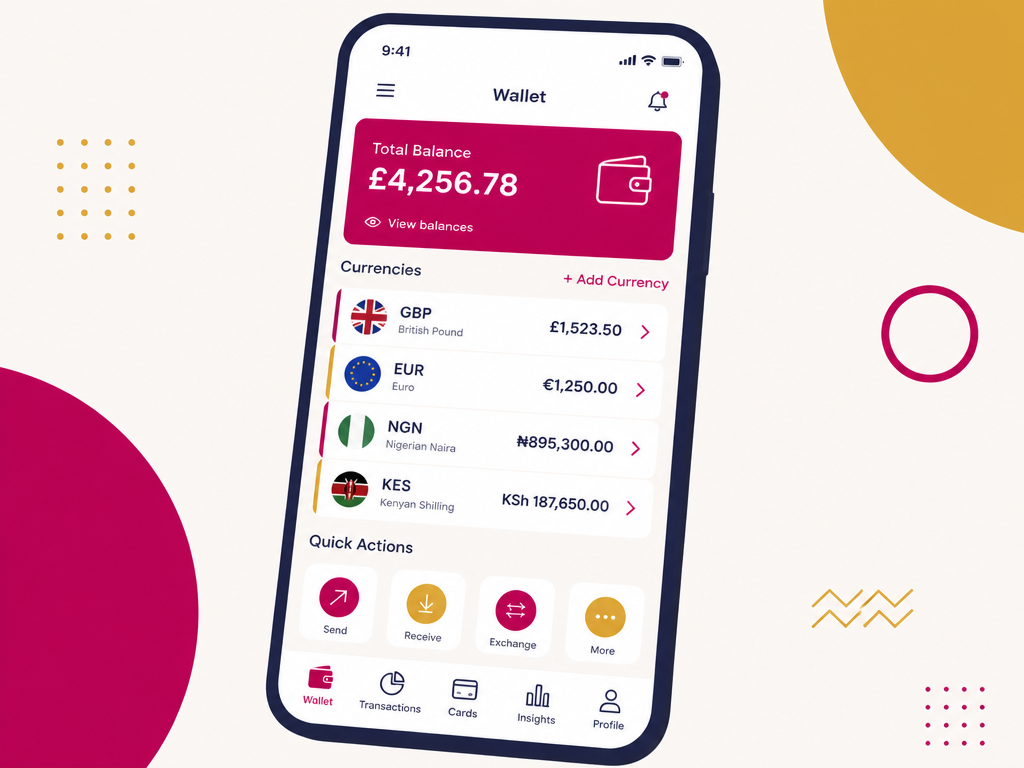 Illustration of the GBF wallet with balances across several currencies